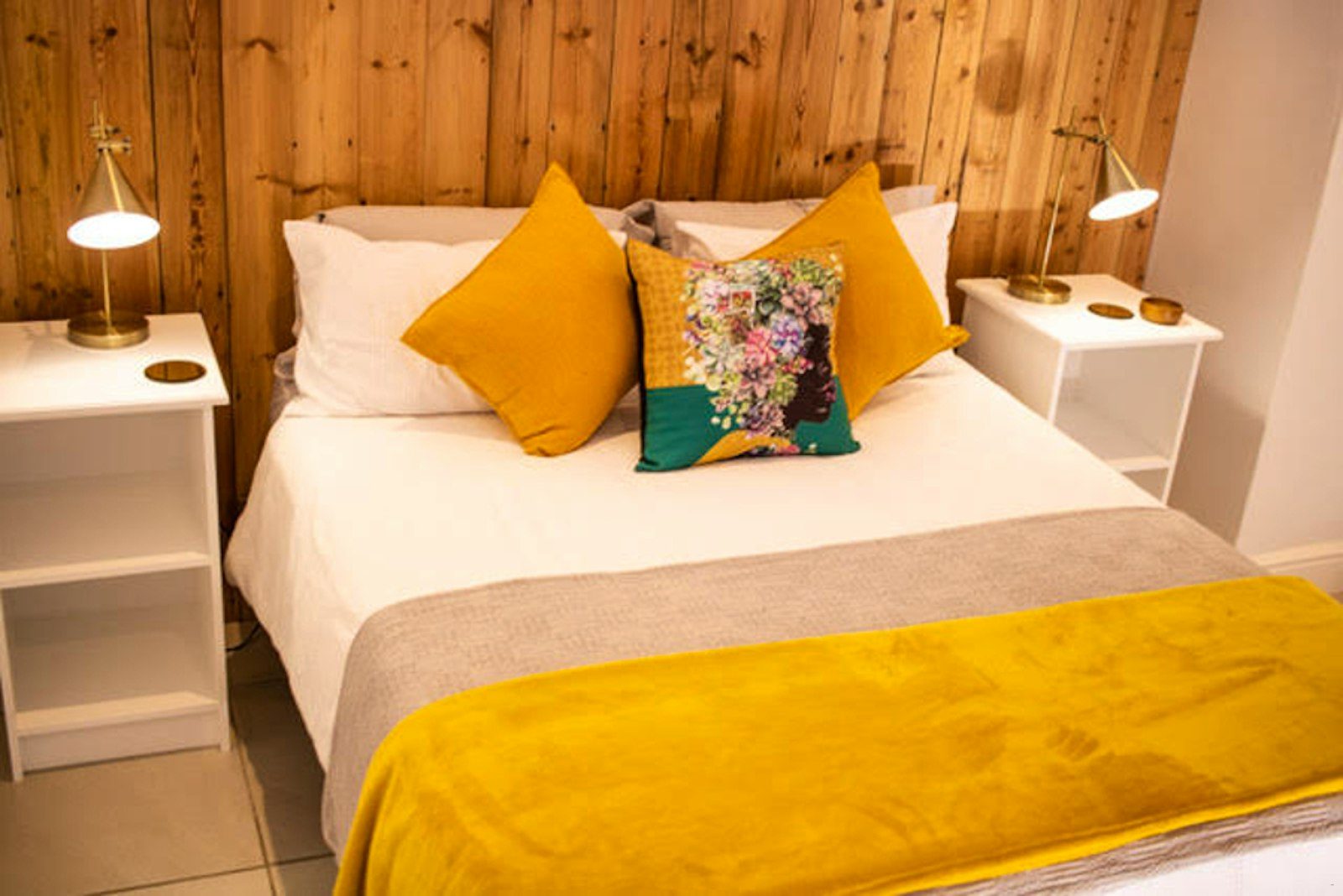 Queen-size bed with a timber headboard